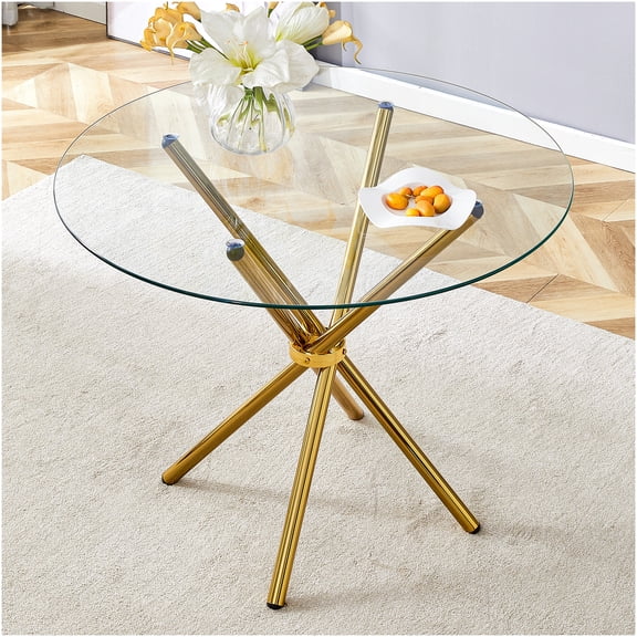 COSMOS Round Clear Glass Dining Table with Gold Ring-Shaped Metal Base, Modern Kitchen & Dining Room Table for 4-6 People