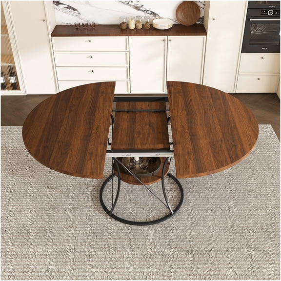 COSMOS Round Dining Table for 4-6 People, Expandable Kitchen Table with Storage Shelf, Farmhouse Style Walnut Wood Top & Black Metal Base