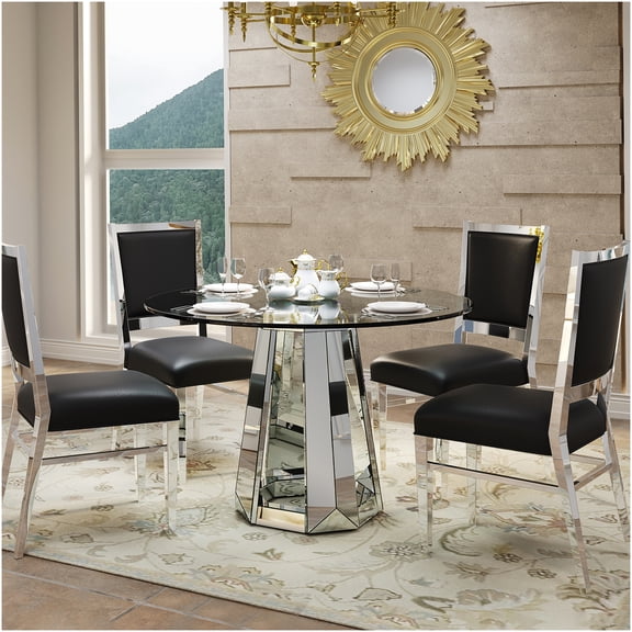 COSMOS Round Tempered Glass Dining Table with Mirror Base, Modern Kitchen Table for 4, Silver Finish Glass Top and MDF Support