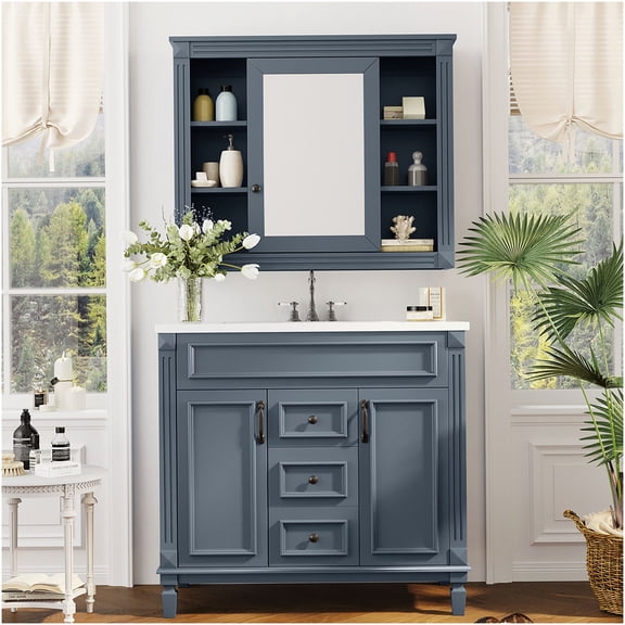 COSMOS Royal Blue 36 Inch Modern Bathroom Vanity Set with Ceramic Sink, Mirror Cabinet, 2 Soft-Close Doors & 2 Drawers