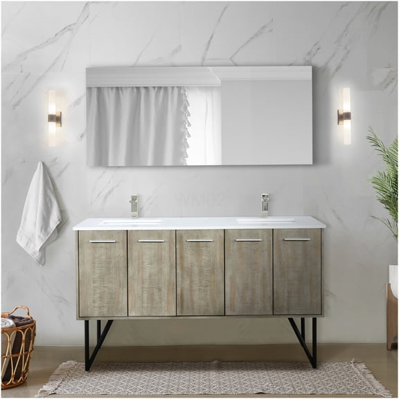 COSMOS Rustic Acacia Double Sink Bathroom Vanity with Cultured Marble Top and Soft Close Doors
