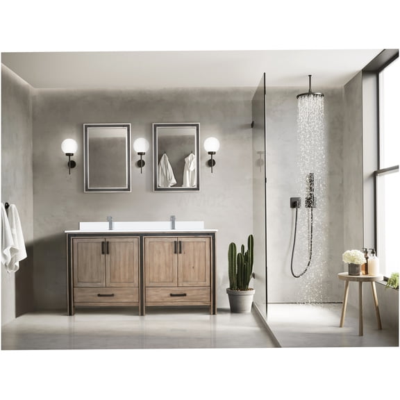 COSMOS Rustic Barnwood 60 Inch Double Sink Bathroom Vanity with White Quartz Top and Faucet Set