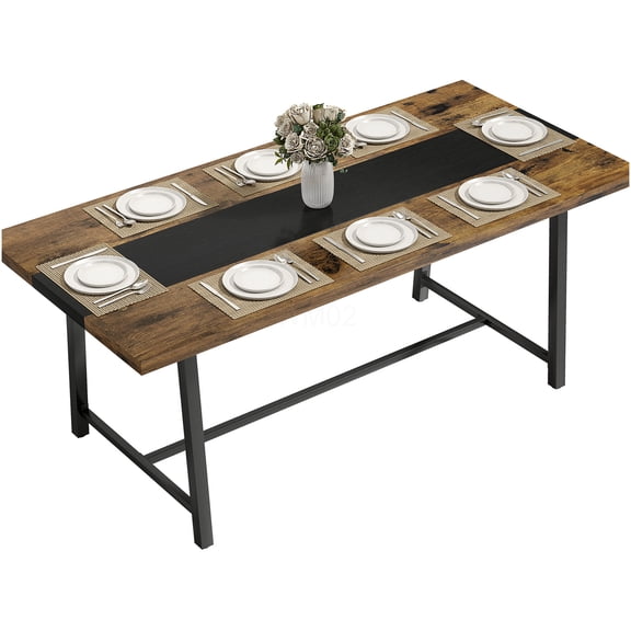 COSMOS Rustic Industrial Rectangular Dining Table for 8, Large Farmhouse Kitchen Table with Sturdy Steel Frame, Brown Melamine Top