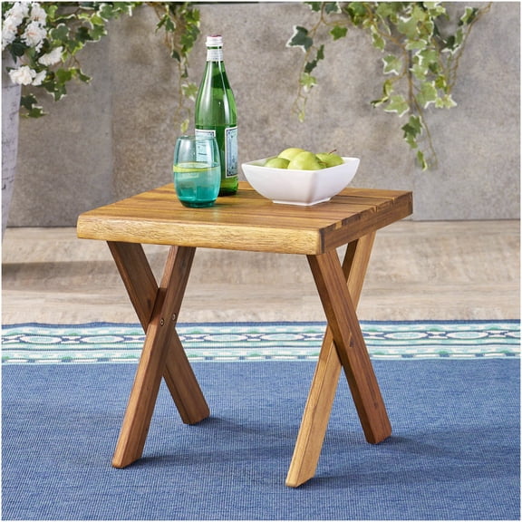 COSMOS Sandblasted Acacia Wood Side Table for Patio, Teak Finish Outdoor End Table with Cross Base Design