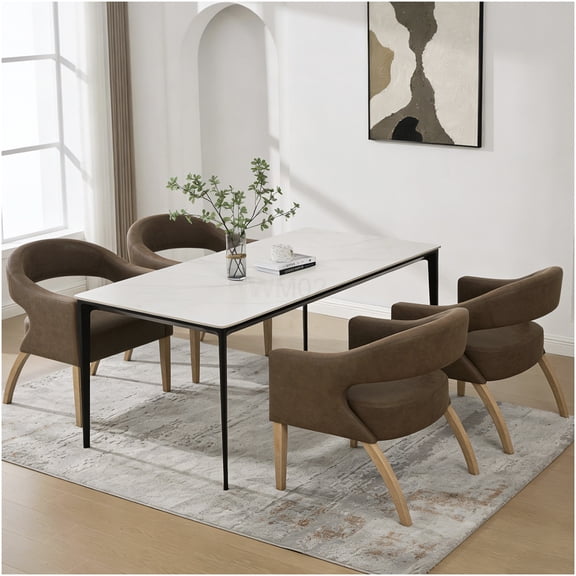 COSMOS Set of 4 Modern Barrel Back Dining Chairs, PU Leather Upholstered Accent Armchairs with Weathered Rubberwood Legs for Kitchen, Dining Room, Cafe