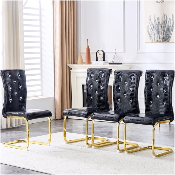 COSMOS Set of 4 Modern Retro Dining Chairs, Black Faux Alligator Leather with Crystal Buckle & Gold Bow Legs, Upholstered Side Chairs for Kitchen, Dining Room