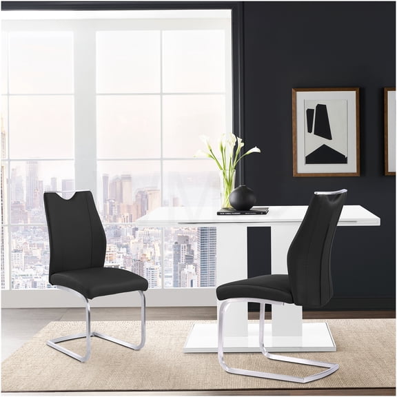 COSMOS Set of 2 Modern Dining Chairs, Black Faux Leather Upholstered Seats with Brushed Stainless Steel Frame