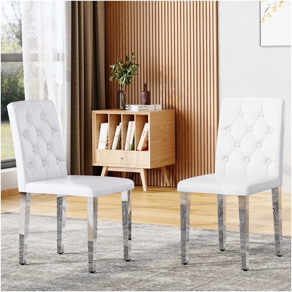 COSMOS Set of 2 Modern PU Leather Dining Chairs, White with Silver Metal Legs, Ergonomic Strap Back, Comfortable for Home Kitchen, Restaurant, Cafe