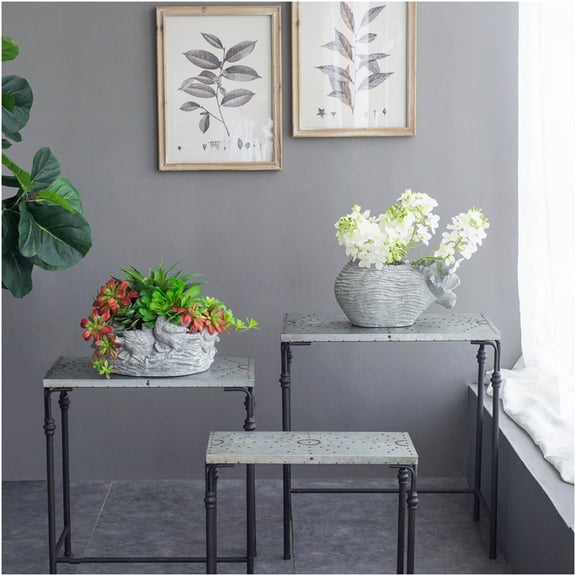 COSMOS Set of 3 Antique Gray Nesting Plant Stand Tables with Galvanized Metal Tops and Iron Base