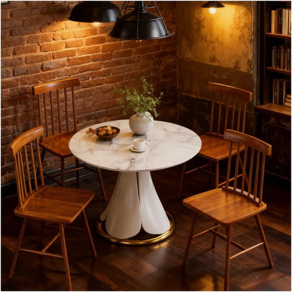COSMOS Set of 4 Light Brown Rubber Wood Dining Chairs, Spindle Back Windsor Kitchen Chairs, Farmhouse Style Seating