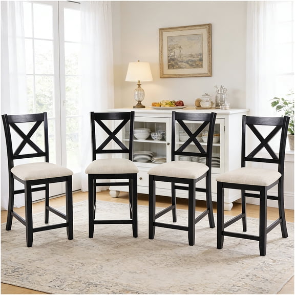 COSMOS Set of 4 Modern Counter Height Dining Chairs with Padded Seats, X-Back Design, Two-Tone Black and Beige, for Kitchen Bar and Dining Room