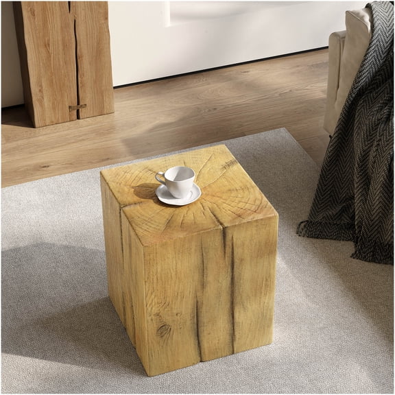 COSMOS Square-Column End Table for Indoor and Outdoor Use, Natural Wood-Like Finish, Modern MGO Accent Table with Distressed Look, Lightweight and Durable