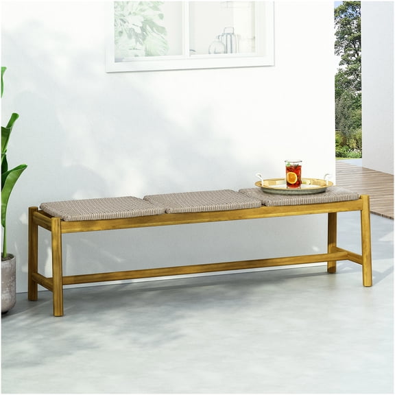 COSMOS Teak Acacia Wood 3-Seater Garden Bench, Outdoor Patio Bench with Woven Rattan Design for Porch, Lawn, Backyard