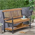 thumbnail image 1 of COSMOS Teak Finish Farmhouse Bench with Storage Shelf, Solid Acacia Wood Entryway Seating, 1 of 10
