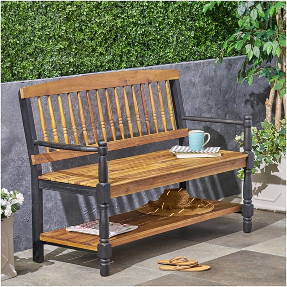 COSMOS Teak Finish Farmhouse Bench with Storage Shelf, Solid Acacia Wood Entryway Seating
