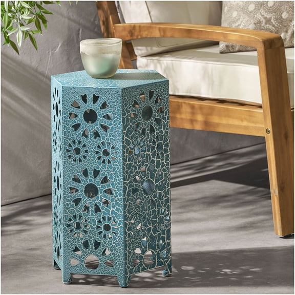 COSMOS Teal Iron Hexagonal Side Table with Floral Pattern, No Assembly Required Accent Table for Indoor Outdoor Living Room Patio