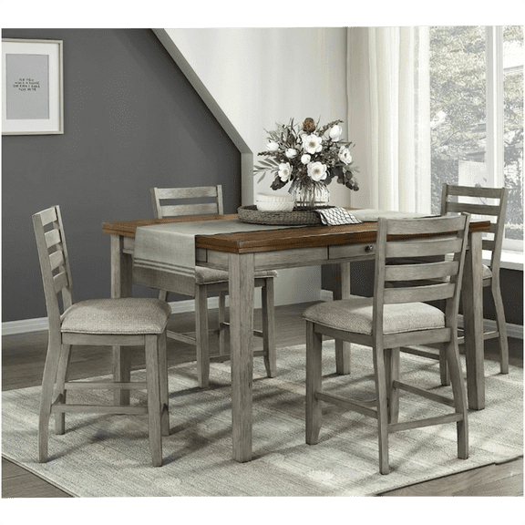 COSMOS Traditional 5-Piece Counter Height Dining Set with Storage Drawers, Two-Tone Gray and Cherry Finish, Acacia Wood Table and 4 Upholstered Chairs