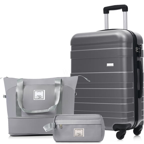 COSMOS Travel Luggage Set 3 Piece: Grey ABS Suitcase with Laptop Sleeve, Duffel &; Toiletry Organizer