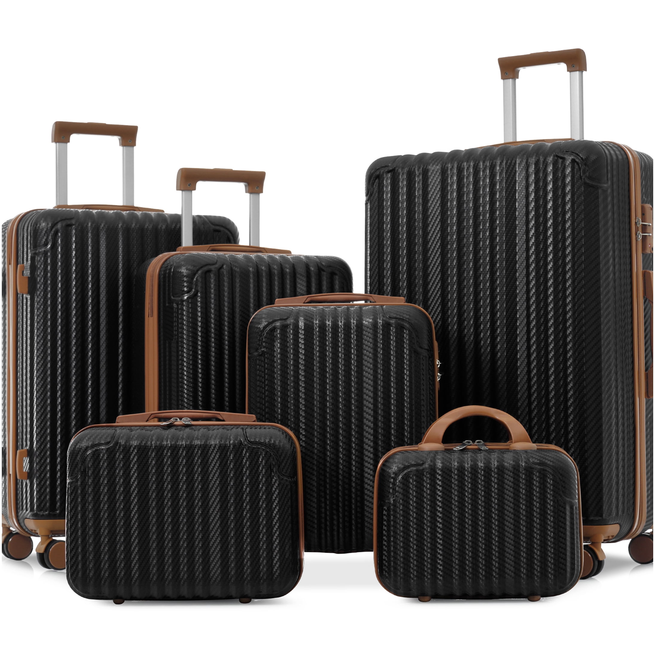 COSMOS Travel Luggage Set of 6, ABS Hard Shell Suitcases with 8 Spinner Wheels and TSA Accepted Lock, Black Brown