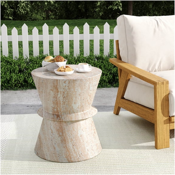 COSMOS Travertine Finish Concrete Side Table, Lightweight Beige Hourglass Accent Table for Outdoor & Indoor