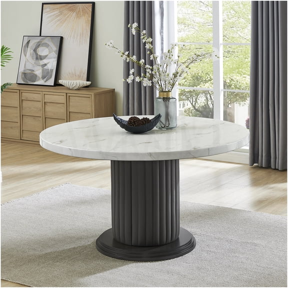 COSMOS Venezia Round Dining Table for 6, Modern White Faux Marble Top with Gray Upholstered Pedestal Base