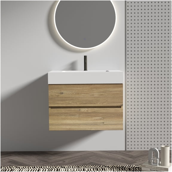 COSMOS Wall Mount Oak Bathroom Vanity with White Quartz Sink, Soft Close Drawers, Modern Floating Design for Small Bathroom Storage