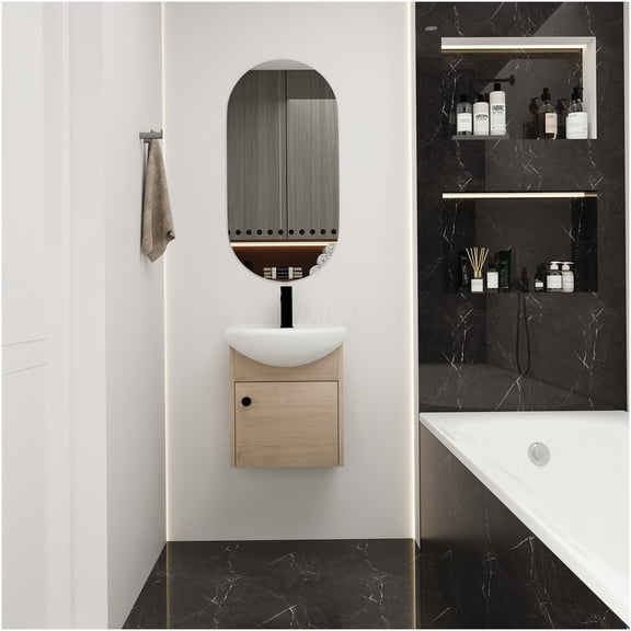 COSMOS Wall Mounted 18 Inch Bathroom Vanity with Ceramic Sink, Floating Light Oak Storage Cabinet