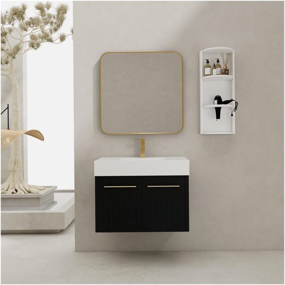 COSMOS Wall-Mounted Modern Bathroom Vanity Set with Sink & Storage, Black Chestnut Finish