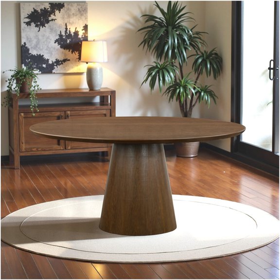 COSMOS Walnut Round Dining Table for 5, Solid Wood Modern Minimalist Design with Cone Base