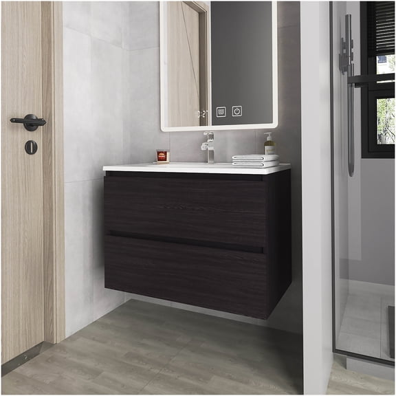COSMOS Wenge Floating Bathroom Vanity with Sink and Two Drawers, Wall Mounted Modern Design