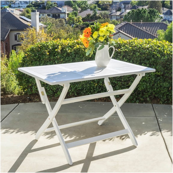COSMOS White Acacia Wood Folding Table for Outdoor Dining, 43.5 Inch Portable Patio Table with X-Base, Water-Resistant and Space-Saving Design