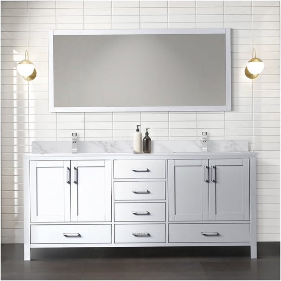 COSMOS White Double Sink Vanity with Carrara Marble Top and Chrome Faucet, Soft Close Drawers