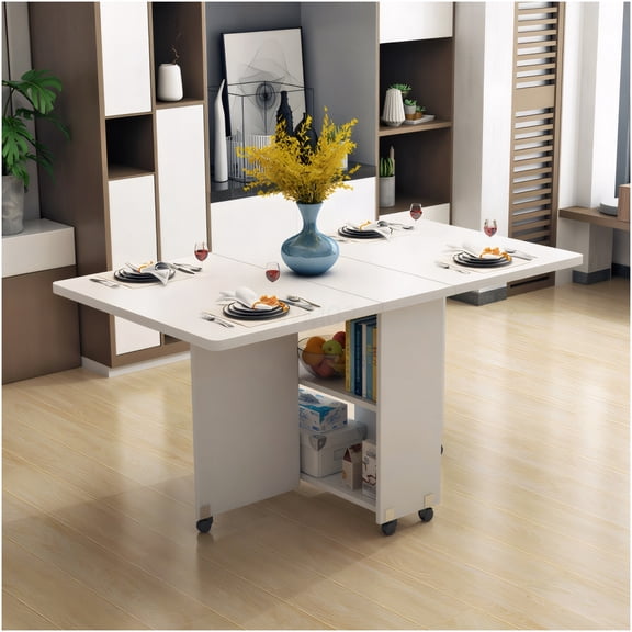 COSMOS White Expandable Folding Table with Wheels and Storage Shelf, Multi-Functional Drop Leaf Dining Desk for Small Space Living, Kitchen, Office, and Entryway