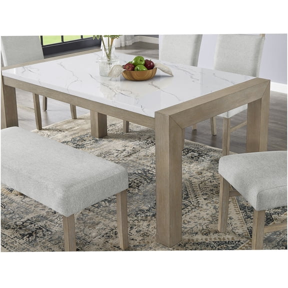 COSMOS White Faux Marble Dining Table with Light Oak Base, 66 Inch Rectangular Farmhouse Kitchen Table for 6, Modern Parson Style