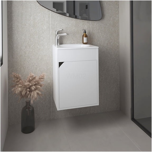 COSMOS White Floating Vanity with Sink, Wall Mount Bathroom Cabinet with Storage Shelves, Modern Minimalist Design