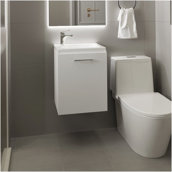 COSMOS White Floating Wall Mount Bathroom Vanity with Resin Sink, Compact Single Door Cabinet Storage for Modern Powder Room