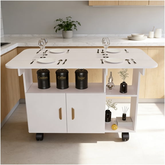 COSMOS White Folding Dining Table with Wheels and Drawer, Space Saving Drop Leaf Kitchen Table for Small Apartments, Mobile Modern Design