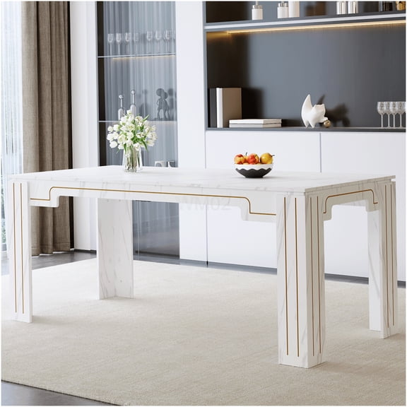 COSMOS White Marble Pattern Dining Table for 6-8, Modern Farmhouse Kitchen Table with Grooved Legs