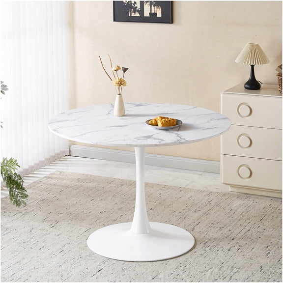 COSMOS White Marble Round Tulip Dining Table for 4-6, Mid-Century Modern Pedestal Table with MDF Top, Easy Assembly