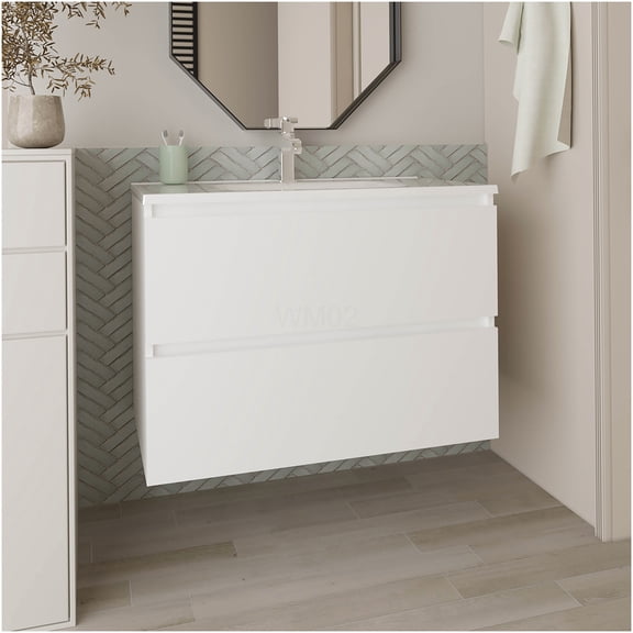 COSMOS White Modern Bathroom Vanity with 2 Drawers, Space-Saving Storage Cabinet for Small Bathroom