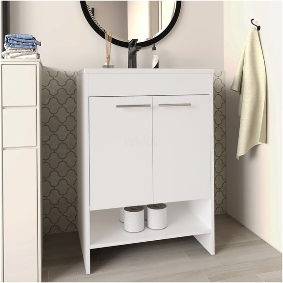 COSMOS White Modern Freestanding Bathroom Vanity with 4 Drawers & 2 Open Shelves, Compact Floor Storage Cabinet