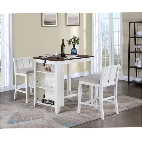 COSMOS White Modern Small Space Dining Set with USB Charging, 3-Piece Counter Height Table and 2 Chairs with Shelves