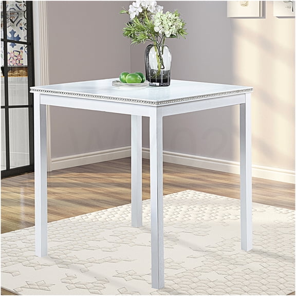 COSMOS White Square Counter Height Dining Table for 4, Modern Farmhouse Kitchen Table with Acrylic Crystal Edge, Solid Wood Small Space Dining Set