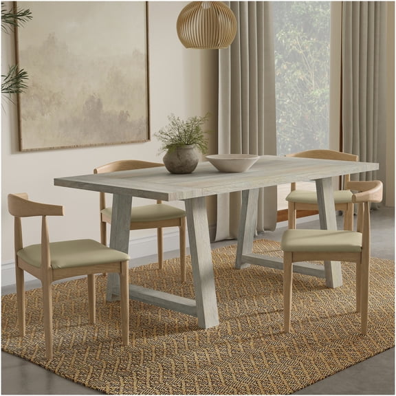 COSMOS White Wash Farmhouse Dining Table, Solid Mango Wood, Rustic Trestle Base, Low-VOC Finish, Seats 6