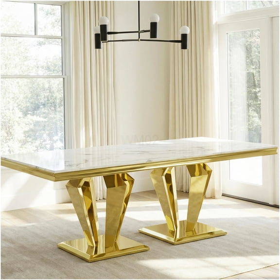 CHAMPFLAG 66.9 Inch Modern Farmhouse Dining Table, White Marble Top with Gold Diamond Metal Base, 6-Seater Large Dining Room Table