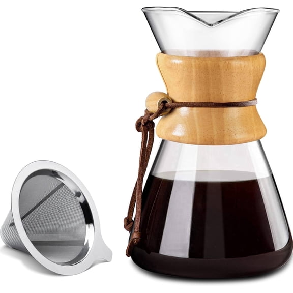 WAAYEE Pour Over Coffee Maker with Double Layer Stainless Steel Filter, 8-Cup, 34oz, Drip Coffee Maker, Coffee Dripper Brewer, High Heat Resistant Carafe, also for Camping, Hiking