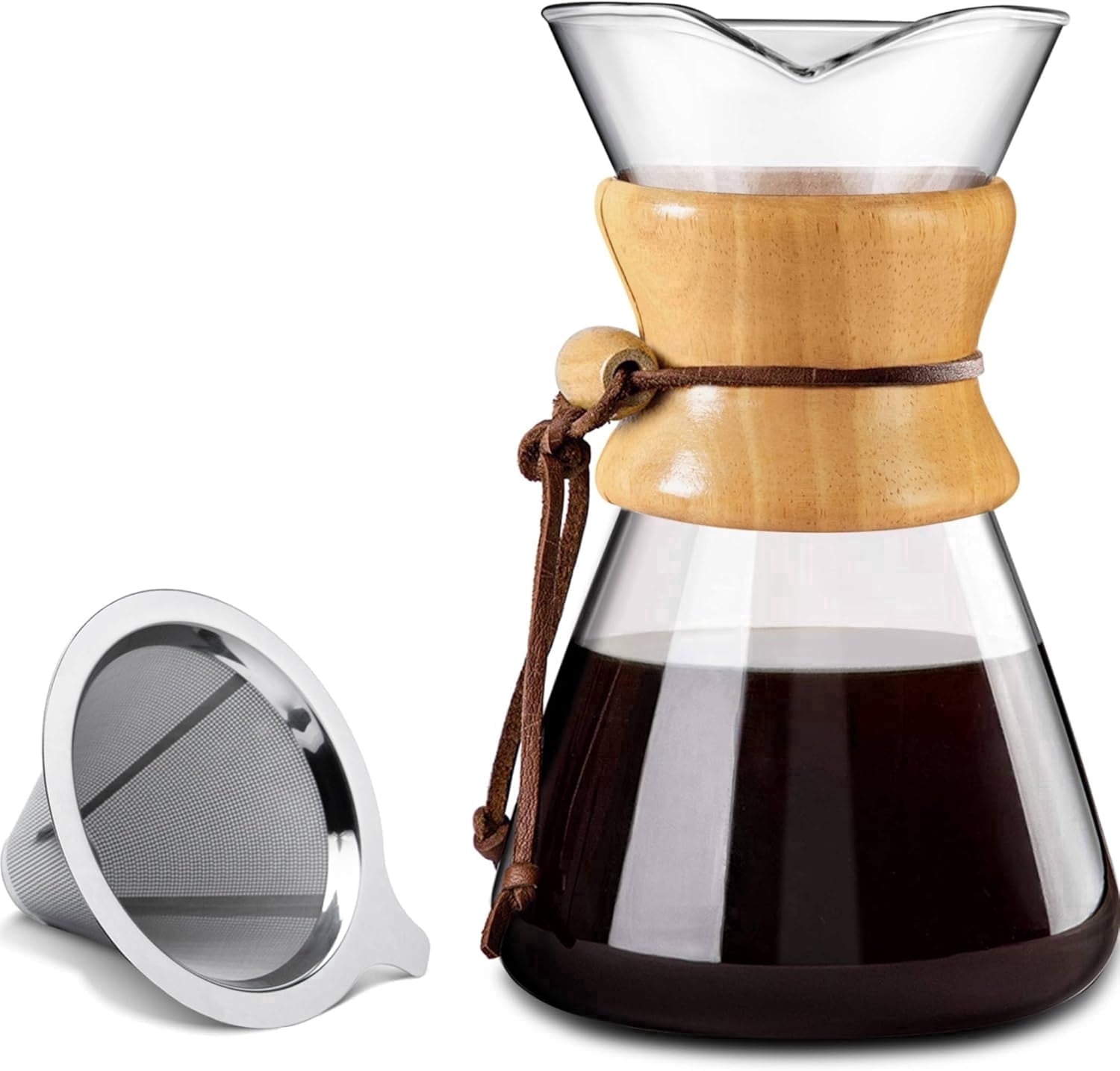 WAAYEE Pour Over Coffee Maker with Double Layer Stainless Steel Filter, 8-Cup, 34oz, Drip Coffee Maker, Coffee Dripper Brewer, High Heat Resistant Carafe, also for Camping, Hiking