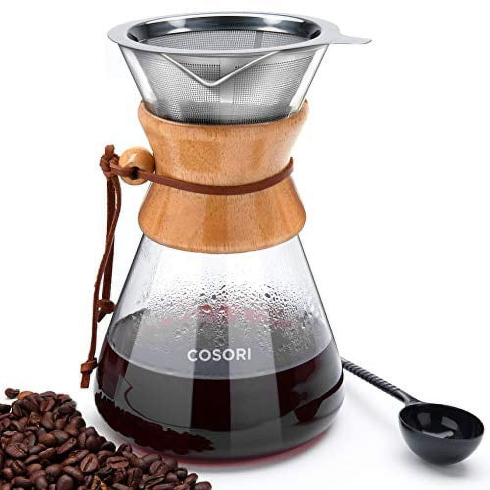 COSORI 8-Cup Glass Pour Over Coffee Maker with Stainless Steel Filter and Wooden Handle