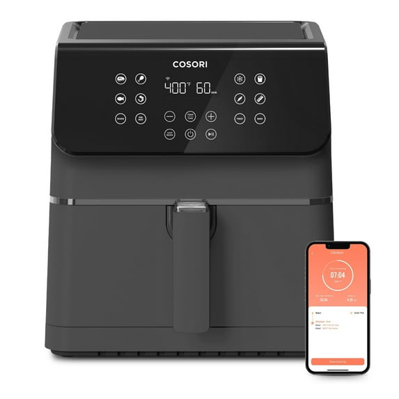 COSORI Pro II 5.8-Quart Smart Air Fryer, 12 Customizable Cooking Functions including Preheat and Keep Warm, Built-in Shake Reminder, Digital Display, Dark Grey, Bonus Pizza Pan