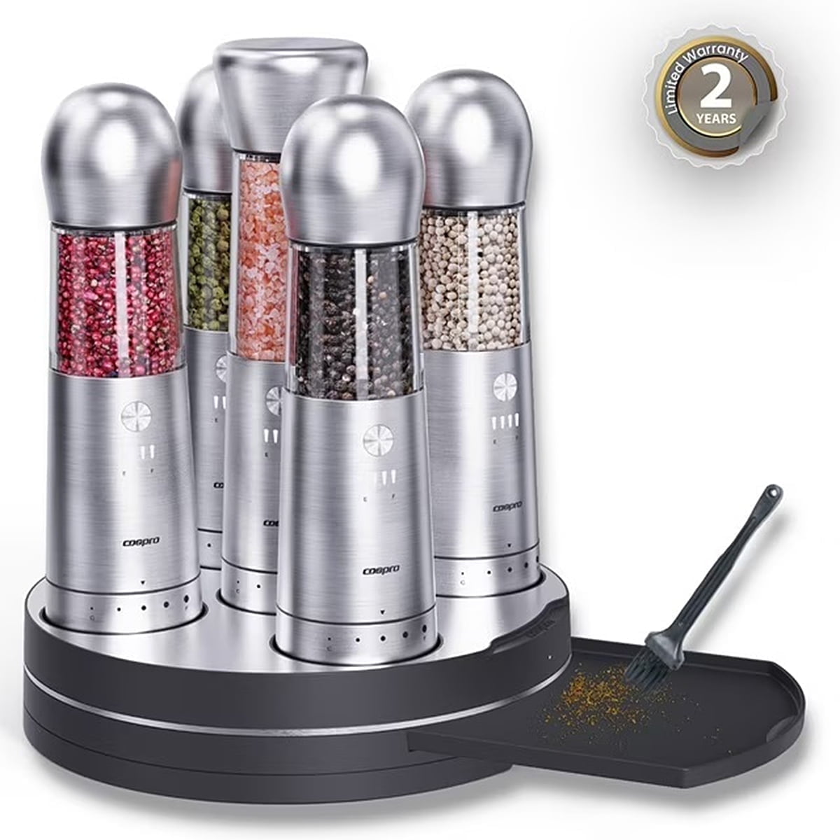 COSPRO 5-in-1 Wireless Charging Electric Salt and Pepper Grinder Set, Rechargeable Automatic Stainless Steel Spice Mill Set - One-Hand to Operate, Adjustable Coarseness, Easy Cleaning